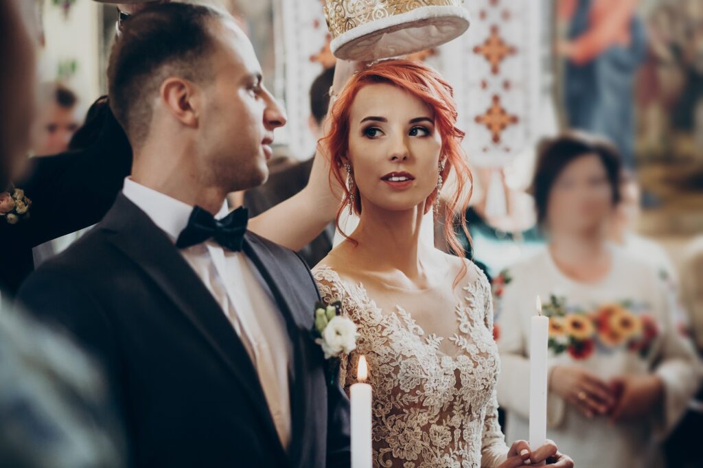 Wedding couple at matrimony wedding ceremony in church